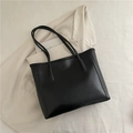 Large black PU leather tote bag with minimalist design and long shoulder straps - No Pendant / Black