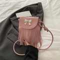 Pink crossbody bag with silver bow ornament and long fringes decoration - Pink