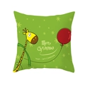 Green Christmas pillow case featuring a cartoon giraffe with red balloon and snowflakes - Green Cartoon Giraffe Design (TPR232-7) / 45x45cm