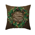Green Christmas pillow case with pine wreath and Merry Christmas text on wood texture - Dark Wood Grain Botanical Wreath (TPR232-22) / 45x45cm