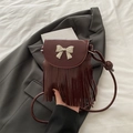 Retro dark red crossbody square bag with fringe detail and silver bow buckle - Red
