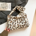 Chic autumn plush leopard print shoulder bag in soft faux fur with wide plush strap - White