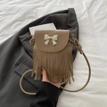 Khaki tassel crossbody bag for women with silver bow clasp and matte leather finish - Khaki