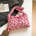 Pink plush underarm bag with purple heart leopard print and soft faux fur shoulder strap - Pink