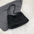 Minimalist black leopard print shoulder tote bag in premium suede-like material - Black