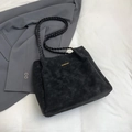 Black faux suede tote bag with woven leather straps and gold lettering detail - Black