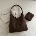 Brown leopard print tote bag set with matching pouch on minimalist white background - Brown