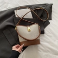 Fashionable beige fabric and brown leather patchwork bucket bag with golden buckle and strap - Brown
