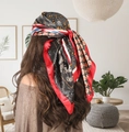 90cm satin paisley silk scarf in red and orange used as a bohemian fashion hair tie - 90cm X 90cm / Paisley Patchwork Red Green