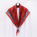 Red vintage paisley print square silk scarf for women styled on a white shirt 90x90cm - Paisley Red