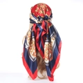 90cm satin scarf with red, blue and white paisley chain print tied on hair - Red Edge Navy