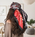 90cm satin square scarf with red paisley bohemian prints worn as a stylish headband - 90cm X 90cm / Paisley Patchwork Red Black