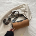Brown frosted cylinder crossbody bag with vintage bohemian style wide woven shoulder strap - Brown