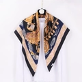 Navy blue satin silk square scarf featuring gold jewelry chains and feather prints - Navy+Black
