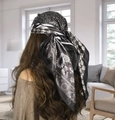 90cm black and white paisley satin silk scarf styled as an elegant hair bow headband - 90cm X 90cm / Paisley Patchwork Black