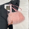 Sweet pink plush handbag with faux fur texture and long synthetic leather shoulder strap - Light Pink