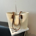 Woven leather tote bag in cream white with brown shoulder straps and zipper closure - Without Pendant / White
