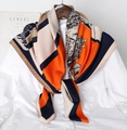 90cm satin square scarf with orange navy geometric nautical print on white shirt - Orange Horse