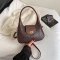 Dark brown crescent bag with woven texture and gold buckle detail for women - Brown