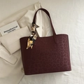 Deep wine red leopard print suede tote bag with decorative scarf and large capacity - Red