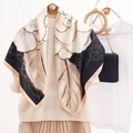 Elegant 90x90 camellia flower print silk scarf with champagne gold border for women - Large Square Scarf / Mineral Black