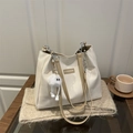 Large capacity off-white tote bag with khaki straps and cute plush pendant charm - With Pendant / Khaki