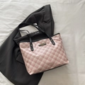 Pink and white checkered tote bag with black handles and metal logo detail - No Pendant / Black