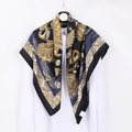 Navy blue and gold 90cm square silk scarf with vintage chain and feather print - Black Chain