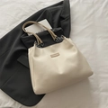 Creamy white PU leather tote bag with brown handles and silver chain detail - No Pendant / Khaki (No Pendant)