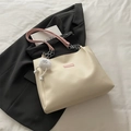 Off-white leather tote bag with pink straps, chain detail and furry monster charm - With Pendant / Pink With Pendant