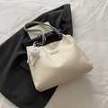 Cream white large capacity tote bag with green strap and silver chain detail - With Pendant / Green with Charm