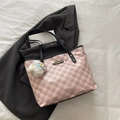 Pink checkered tote bag with large capacity, black straps and cloud charm accessory - With Plush Charm / Black