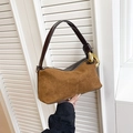 Brown suede and leather Boston bag with gold buckle accent and top handle - Brown
