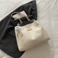 Creamy PU leather tote bag with fashion tag, plush pendant, and metal chain straps - With Pendant / Khaki With Pendant