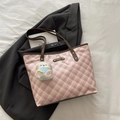 Pink checkered tote bag with brown leather handles and cute bear charm accessory - With Pendant / Brown