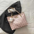 Pink and white checkered tote bag with brown leather handles and plush bear charm - With Pendant / Khaki