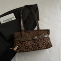 Borsa a spalla retrò leopardata con tracolla in pelle marrone e fibbia argentata - Senza Ciondolo / Leopardo Marrone