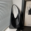Minimalist black PU leather tote bag with large capacity for women commuting - Black