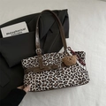 Retro leopard print suede tote bag with brown leather strap and plush bear charm - White With Pendant