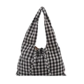 Borsa tote minimalista a quadretti bianchi e neri in tela con fiocco e tracolla larga - Nero