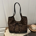 Bolso tote de moda con estampado de leopardo, lazo negro y correas de cuero para mujer - Negro