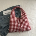 Fashionable red and white checkered tote bag with a ribbon bow closure and brown lining - Red