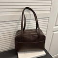 Retro dark brown PU leather tote bag with long handles and a minimalist rectangle design - Brown