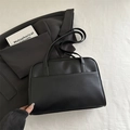 Matte black PU leather tote bag with front pocket and double thin shoulder straps - Black