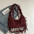 Burgundy suede hobo bag with fringe details on denim jacket, bohemian tassel shoulder bag - Red