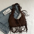 Bohemian dark brown suede tassel underarm bag with long fringe and chic knot detail - Brown