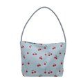 Elegante borsa a secchiello in nylon blu con stampe di ciliegie e tracolla abbinata - Blu
