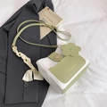 Chic cream and sage green bucket bag with wood buckle and decorative silk scarf - Green