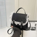 Chic black PU leather school backpack with white lace trim and bow accent for women - Black without Pendant