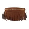 Brown vintage fringe crossbody bag with colorful bohemian woven strap and suede texture - Khaki